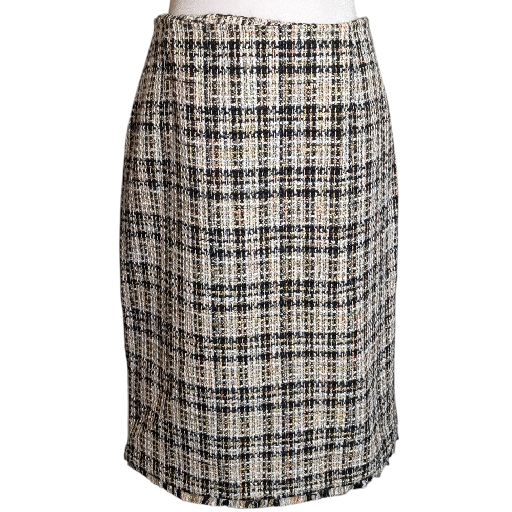 Calvin Klein Tan, Black, and White Tweed Lined Pencil Skirt Women's Size 14 - Picture 1 of 9